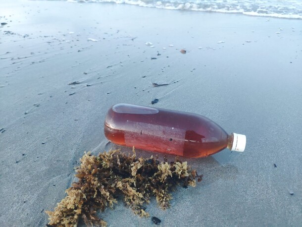 Botella de plástico con vinagre de manzana.